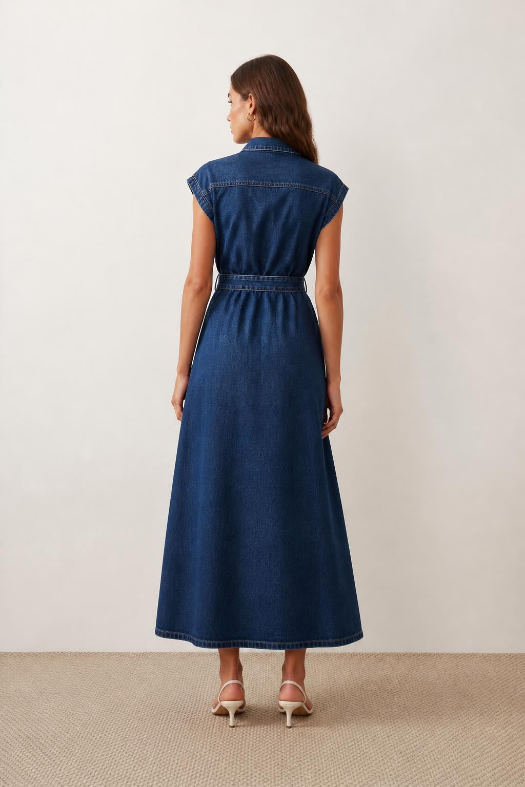 Sophia | Denim Skirt, Dark Blue Button-Front for Women - back view