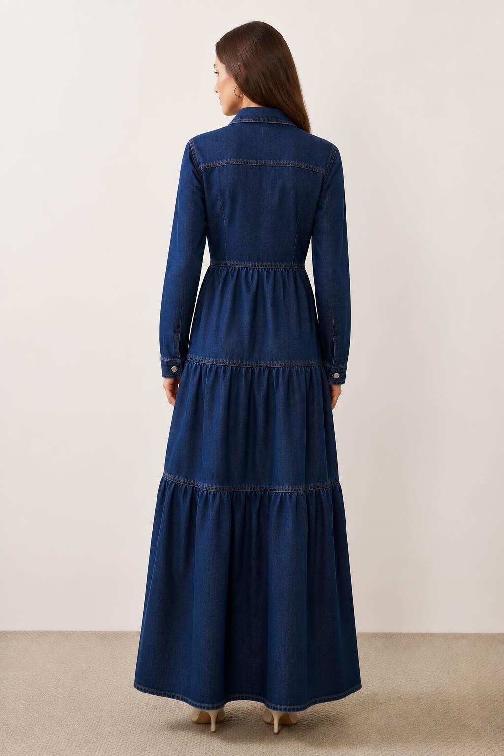 Mia | Denim Shirt Dress, Retro Tiered Long Sleeve Mid Waist - back view