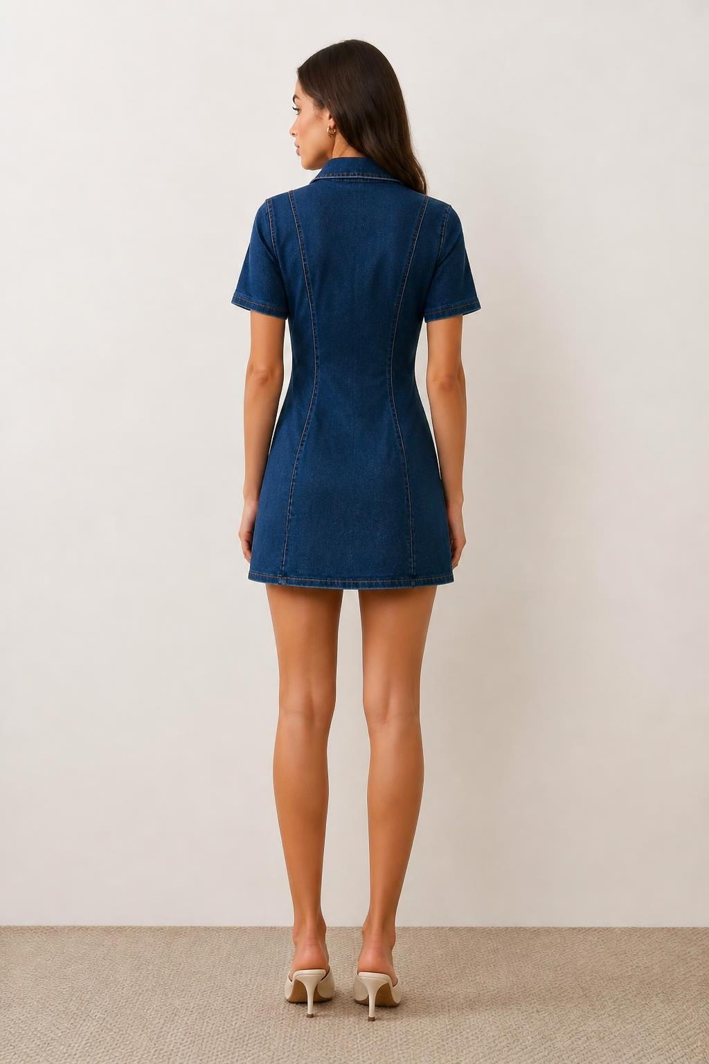 Olivia | Shirt Dress, Dark Blue Short-Sleeve Denim with Metal Buttons - back view