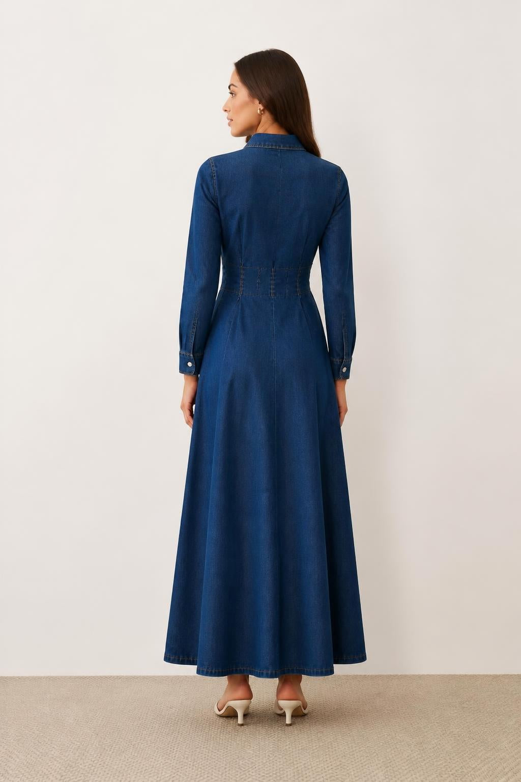 Amelia | Denim Dress with Long Sleeves, Women's Jean Style - back view