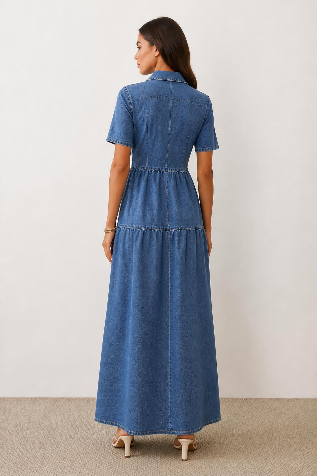 Sophia | Button Up Dress for Women, Denim with Structured Shoulders - back view