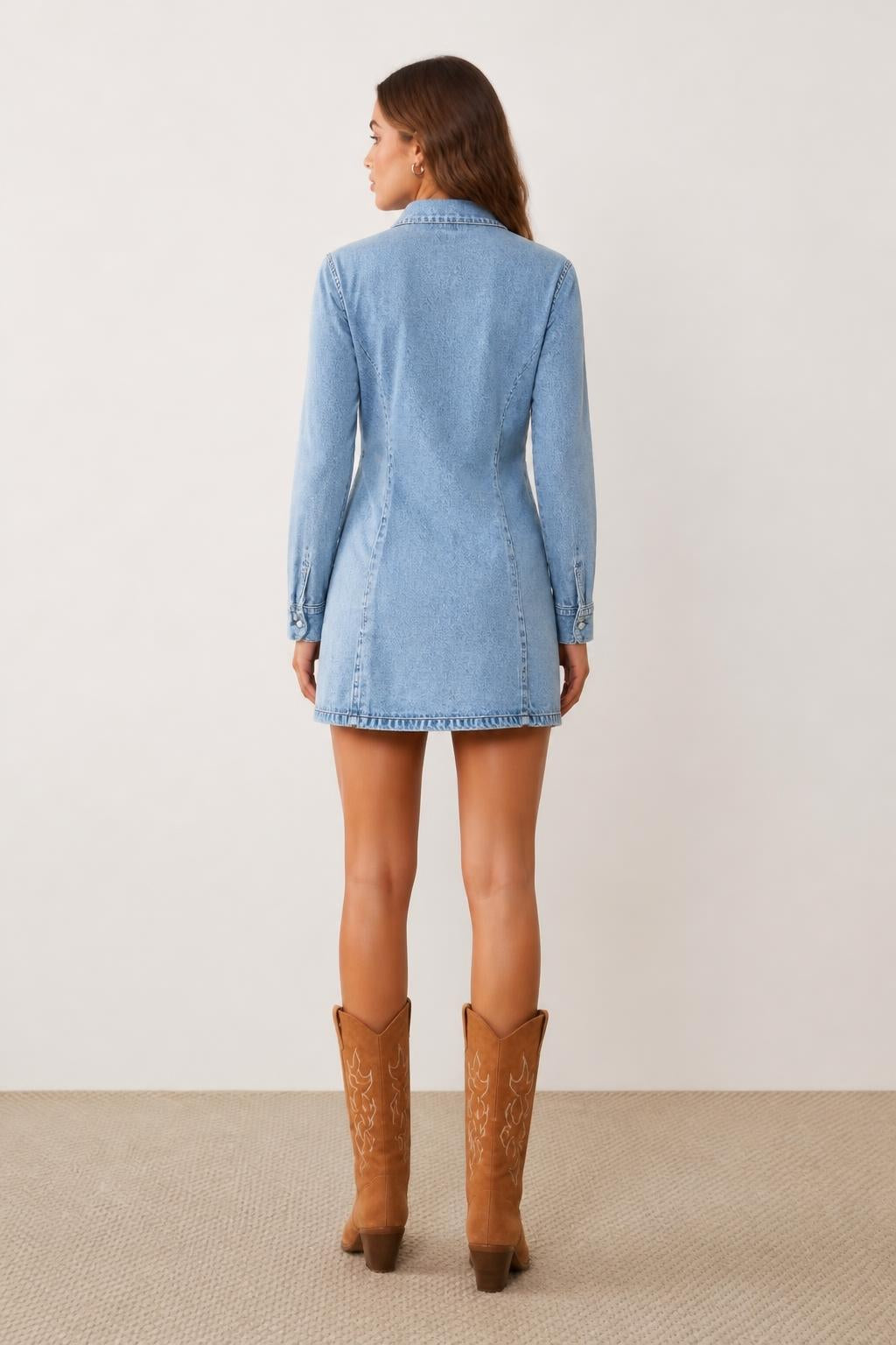 Isabella | Long Sleeve Shirt Dress, Vintage Denim Button-Front Mini - back view