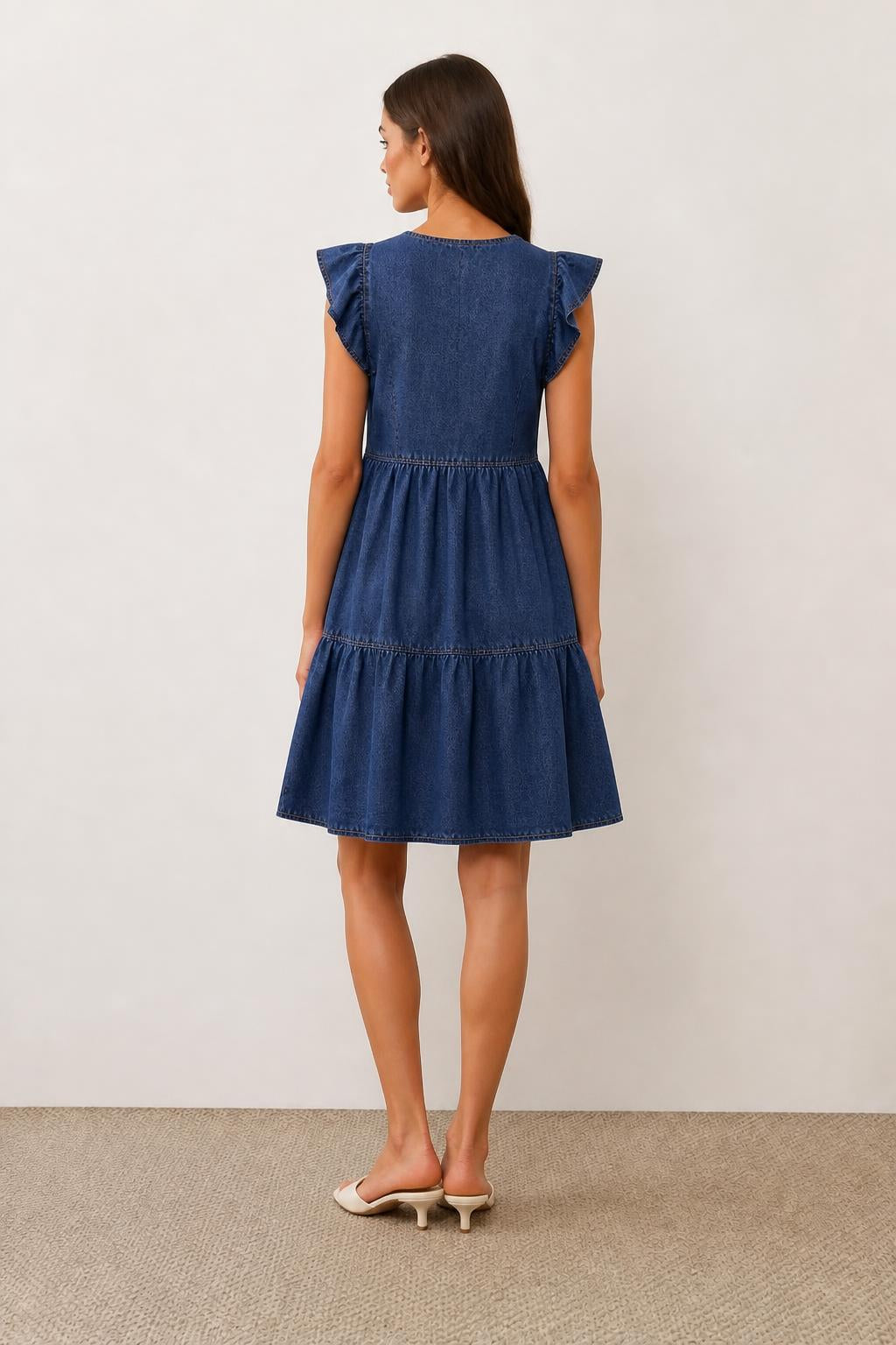 Sofia | Babydoll Dress, Sleeveless Pleated Denim Mini - back view