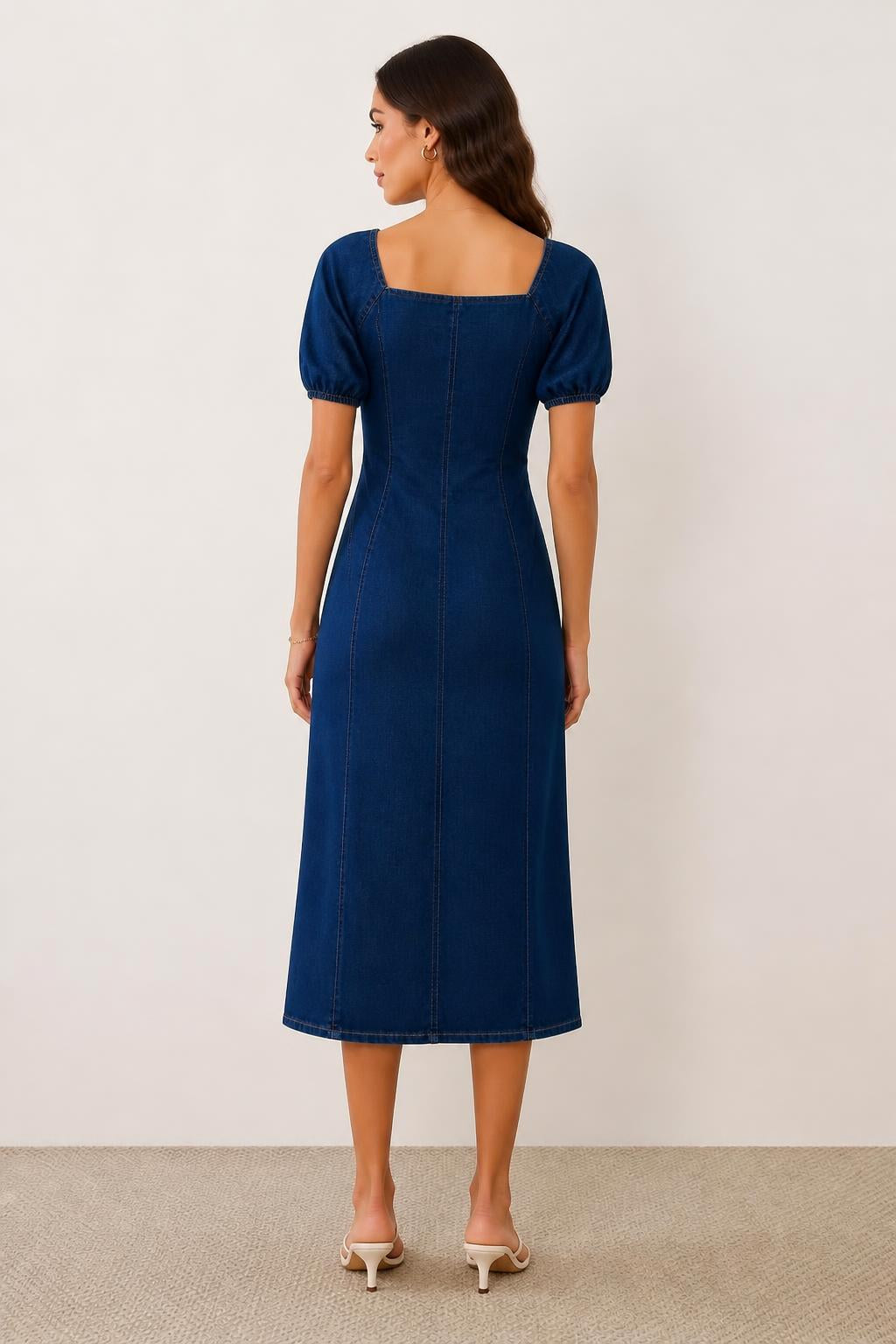 Olivia | Square Neckline Dress, Vintage Dark Blue Denim Midi - back view