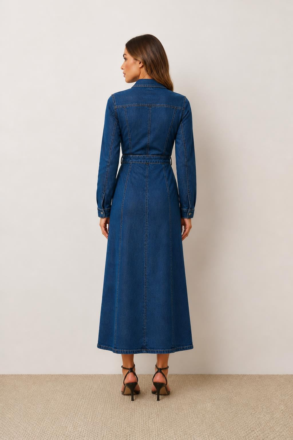 Charlotte | Long Denim Dress, Casual with Pockets for Fall and Winter - back view