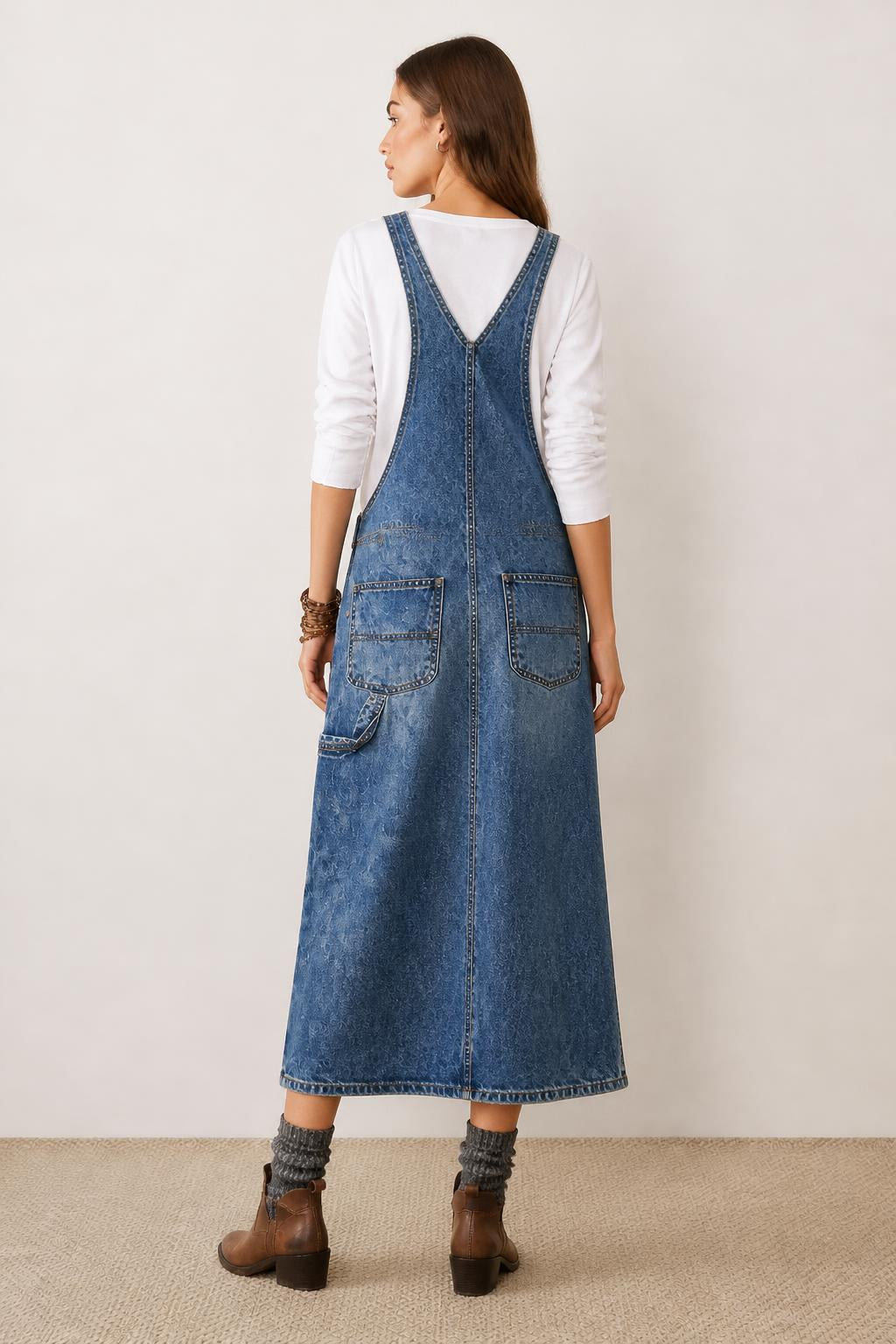 Emma | Overall Dress, Washed Denim with Adjustable Straps, Relaxed Fit - back view