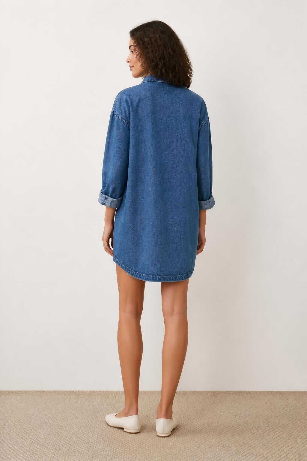 Isabella | Ladies Shirt Dress, French-Inspired Loose Denim with Long Sleeves - back view