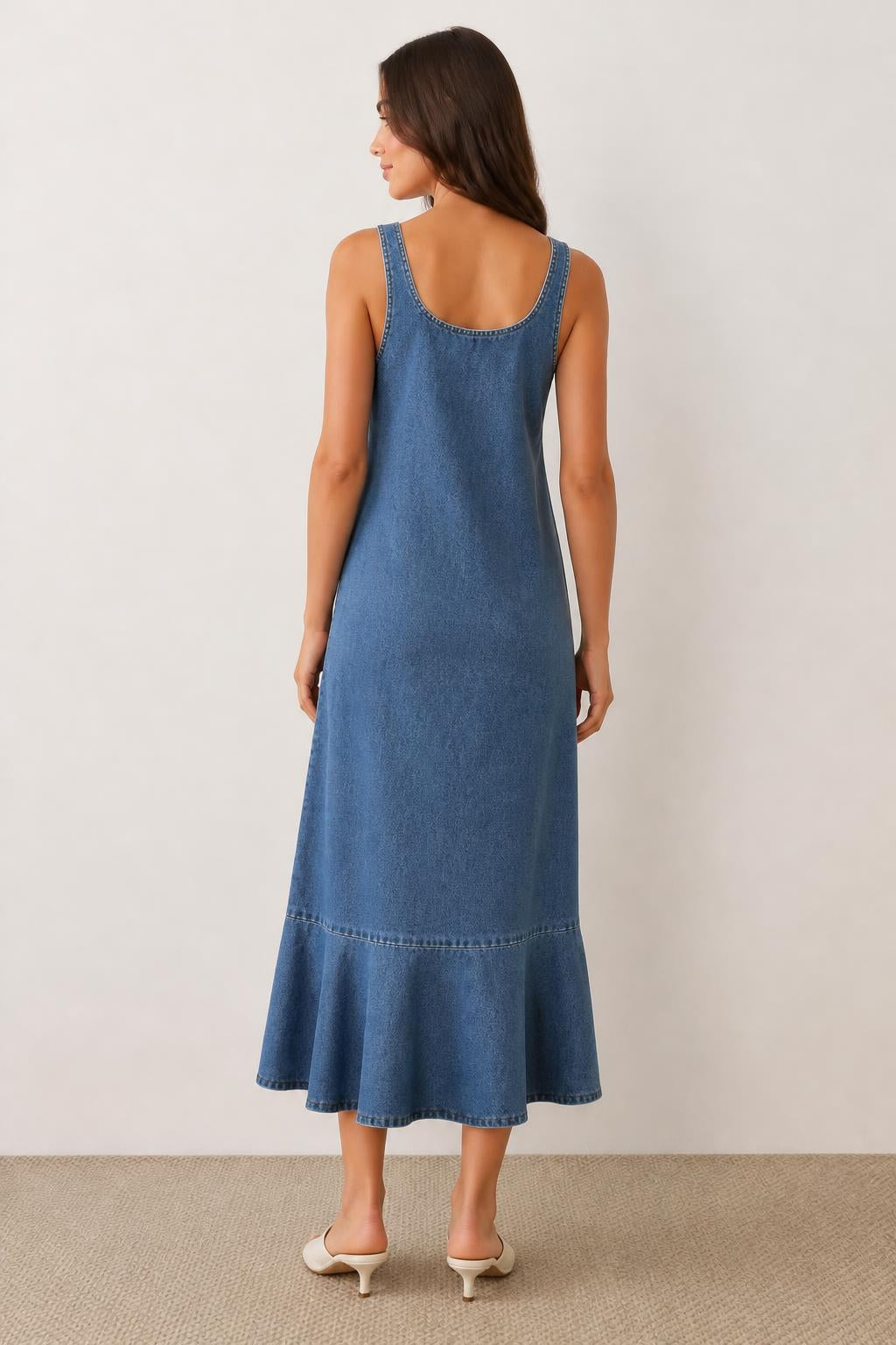 Mia | Denim Pinafore Dress, Midi with Ruffle Hem - back view