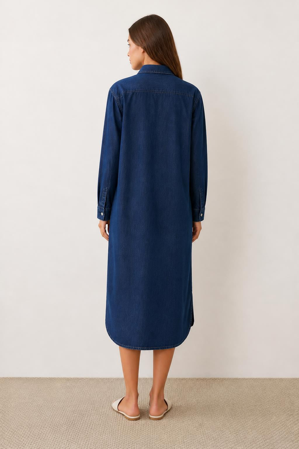 Evelyn | Denim Midi Dress, Vintage Relaxed Half-Button Style - back view