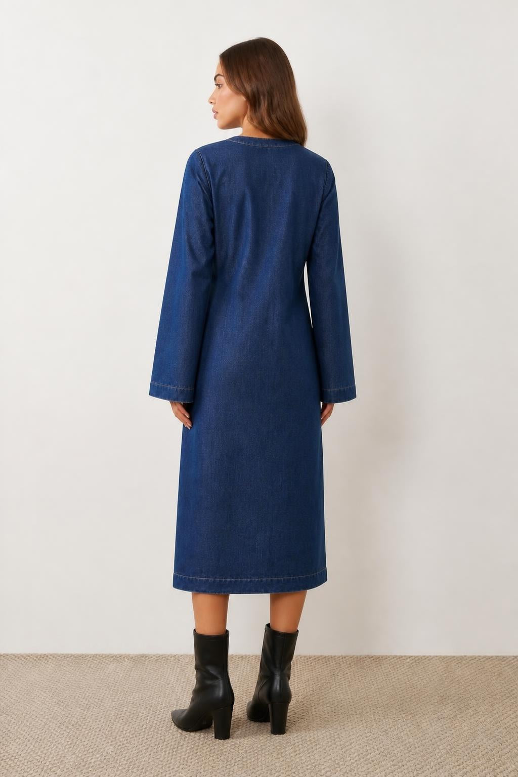 Sofia | Low Cut Dress, V-Neck Mid-Length Denim - back view