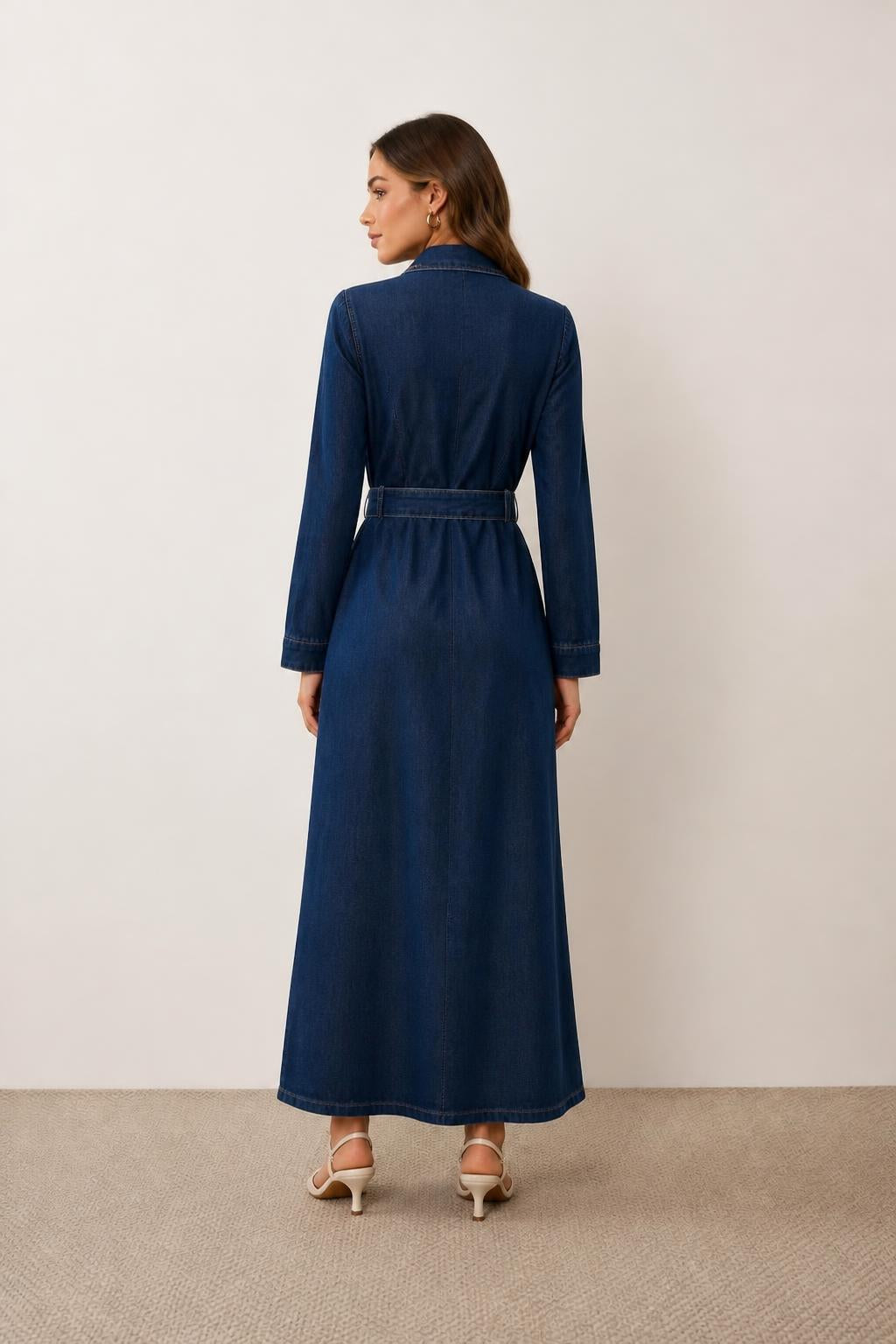 Olivia | Denim Maxi Dress, Embroidered with Waist Tie - back view
