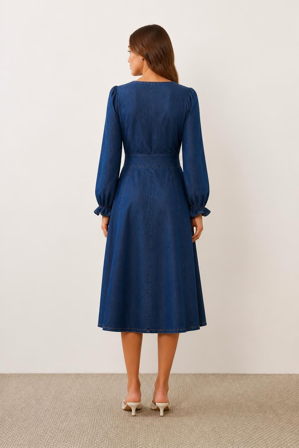 Charlotte | Cinched Waist Dress, Vintage-Inspired Denim Midi - back view