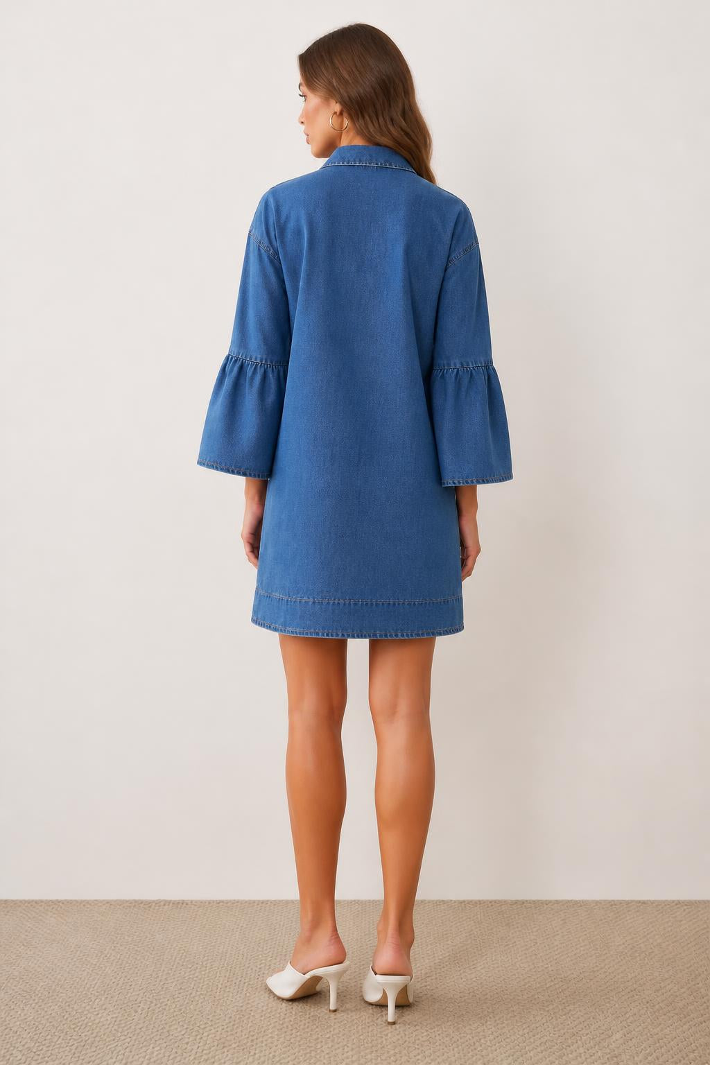 Emma | Casual Midi Dress, Denim with Dropped Shoulders - back view