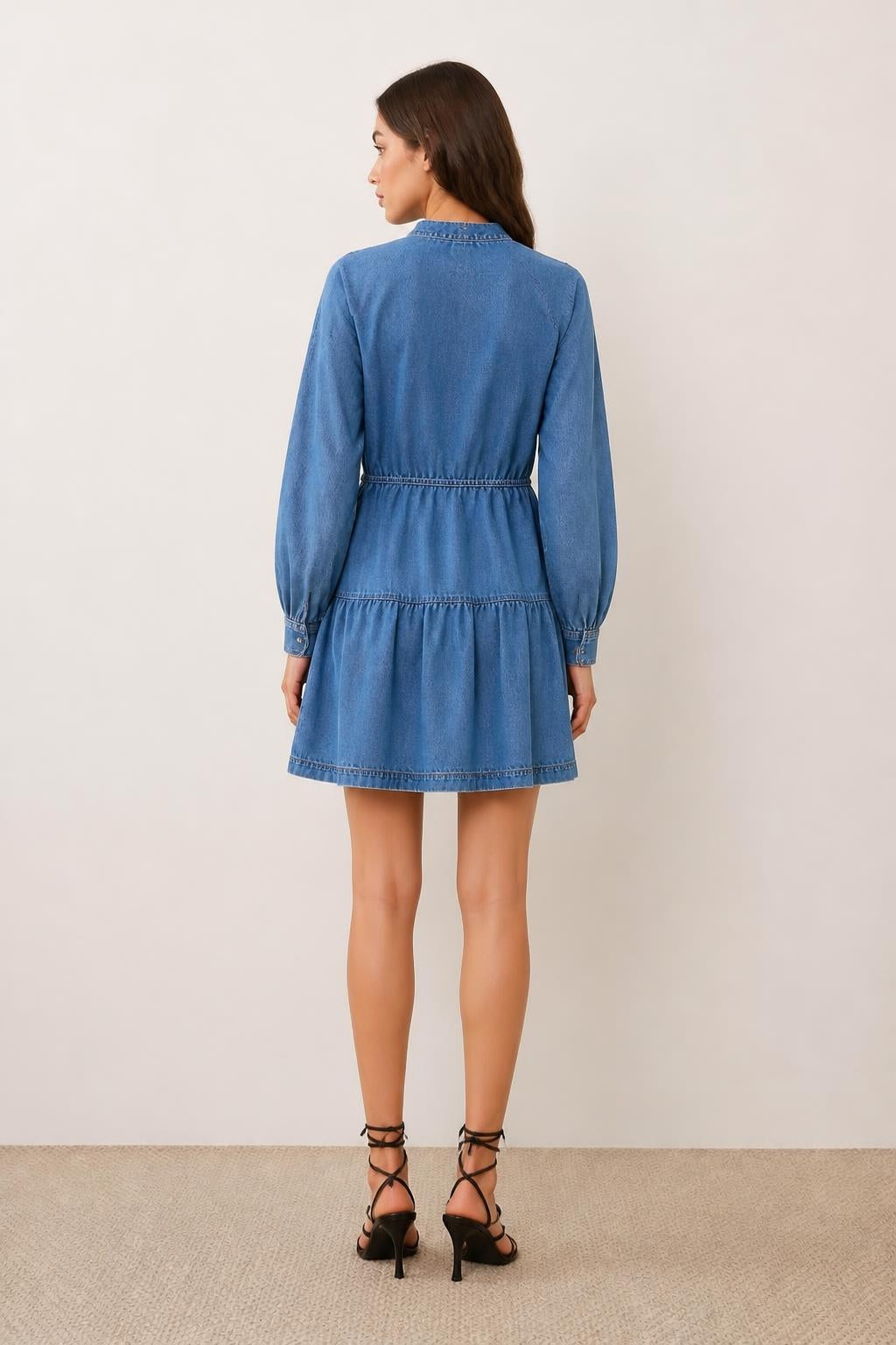 Sophia | Denim Dress, Waist Tie and Lantern Sleeves - back view