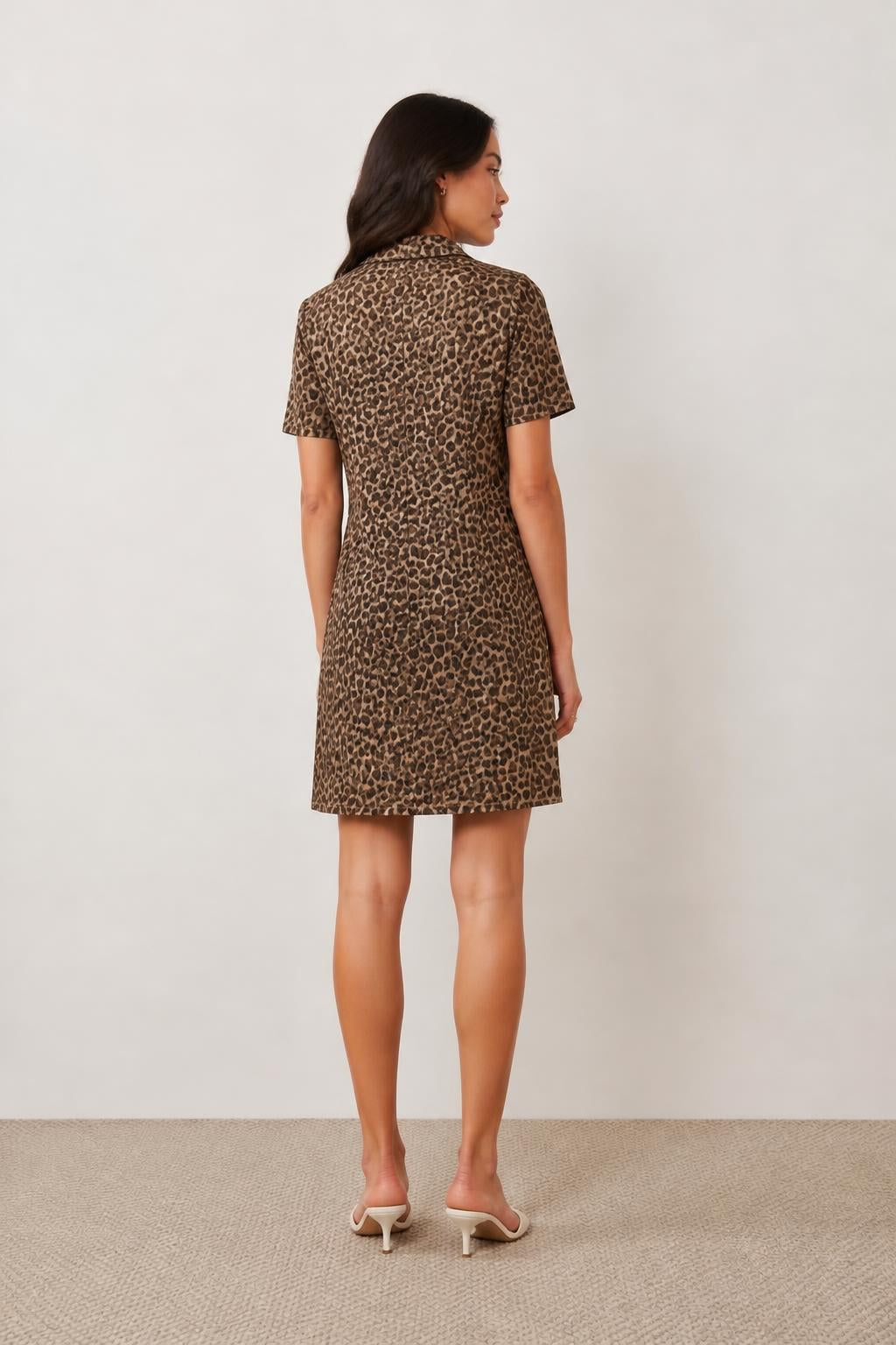 Mia | Denim Midi Dress, Short Sleeve with Leopard Print - back view