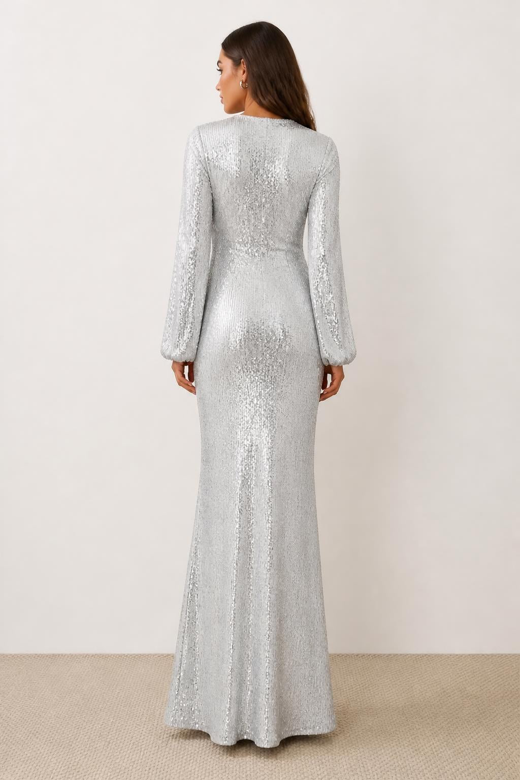 Evelyn | White Sequin Dress, V-Neck - back view