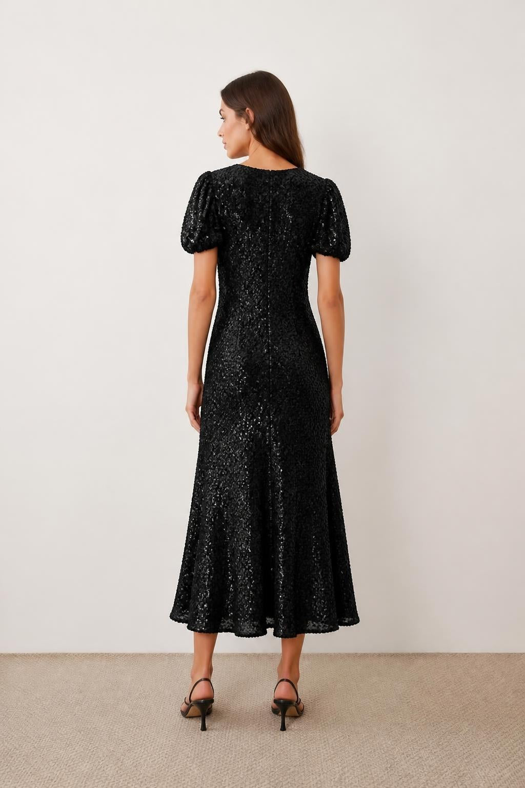 Olivia | Puff Sleeve Dress, Elegant Sequin Evening Style - back view