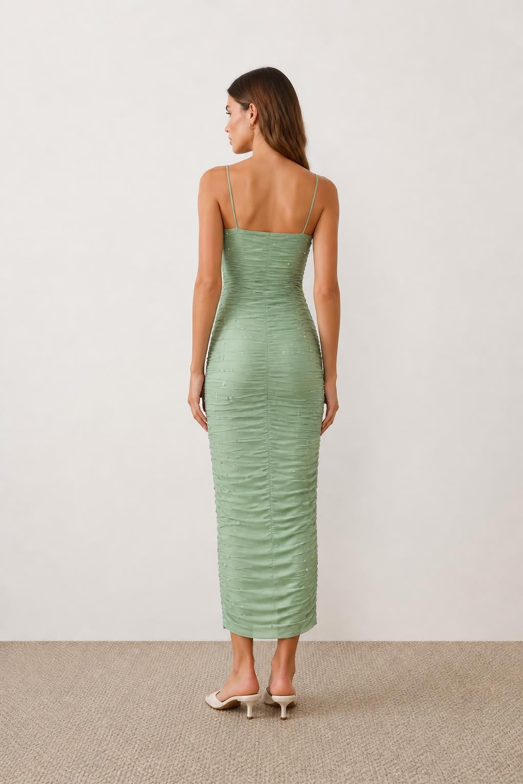 Charlotte | Sequin Midi Dress, Retro Ruched Mesh Cami - back view