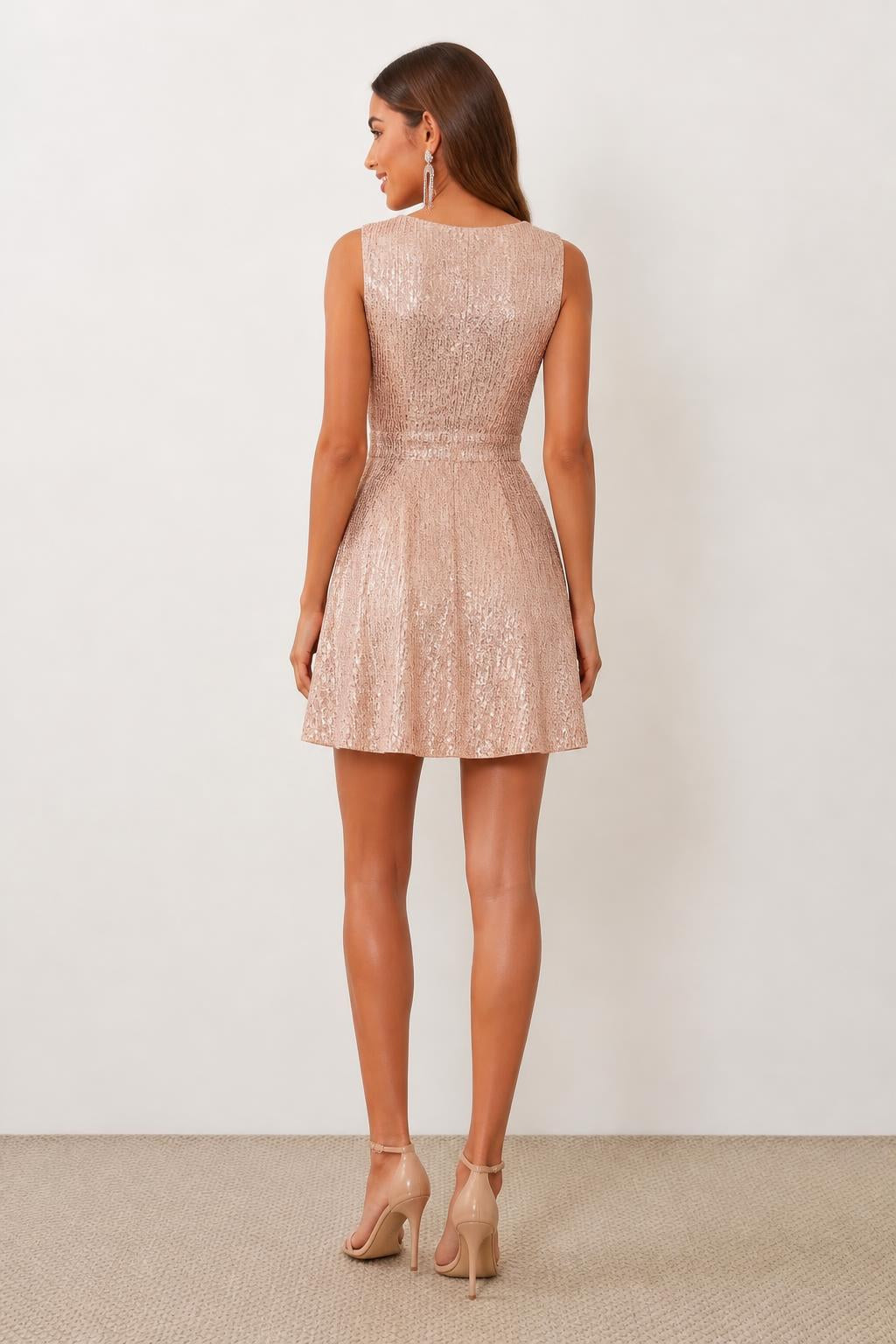 Mia | Sleeveless A Line Dress, Elegant Solid Sequin - back view