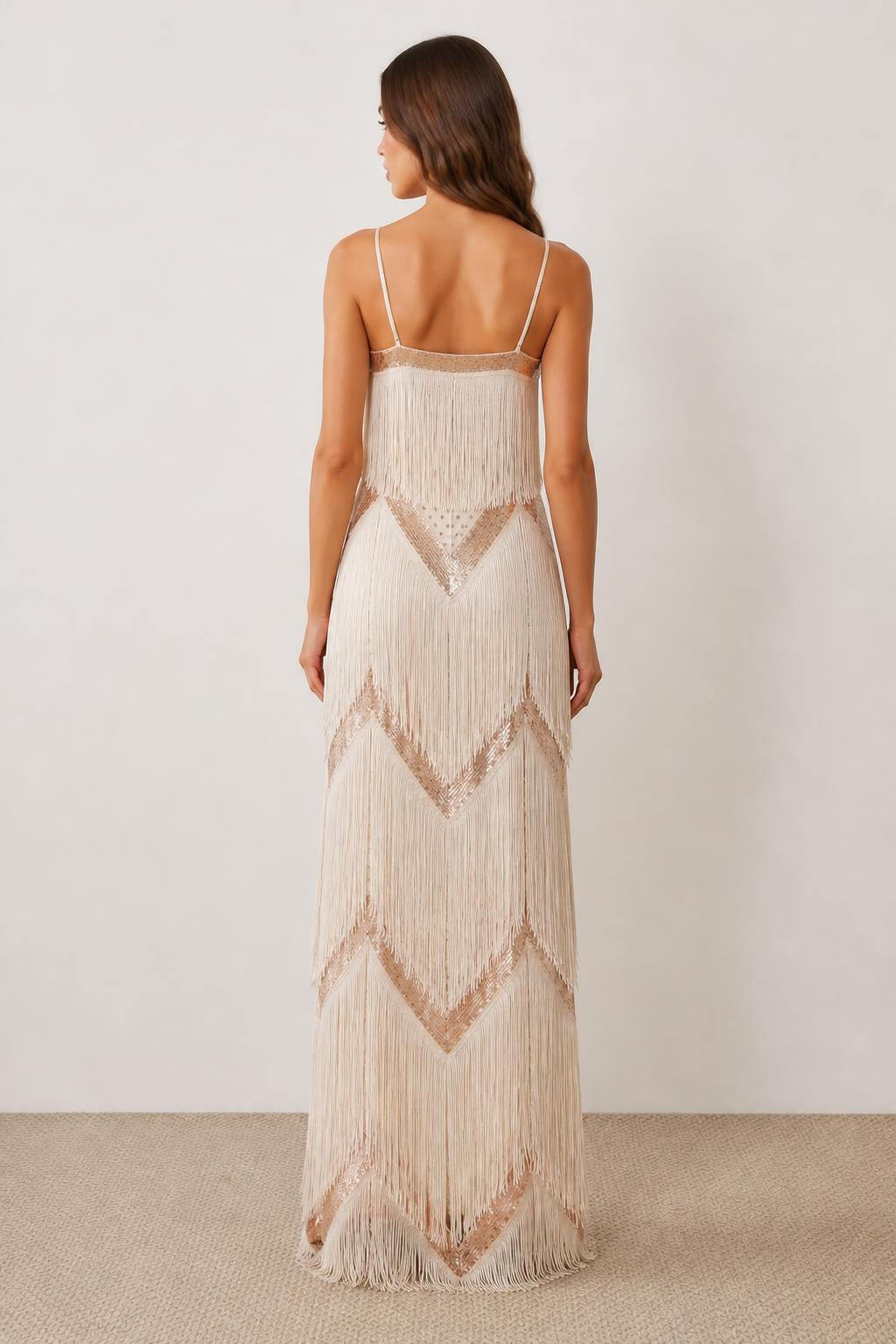 Evelyn | Polka Dot Dress, Golden Sequin Light Beige Strappy Multi-Layer - back view