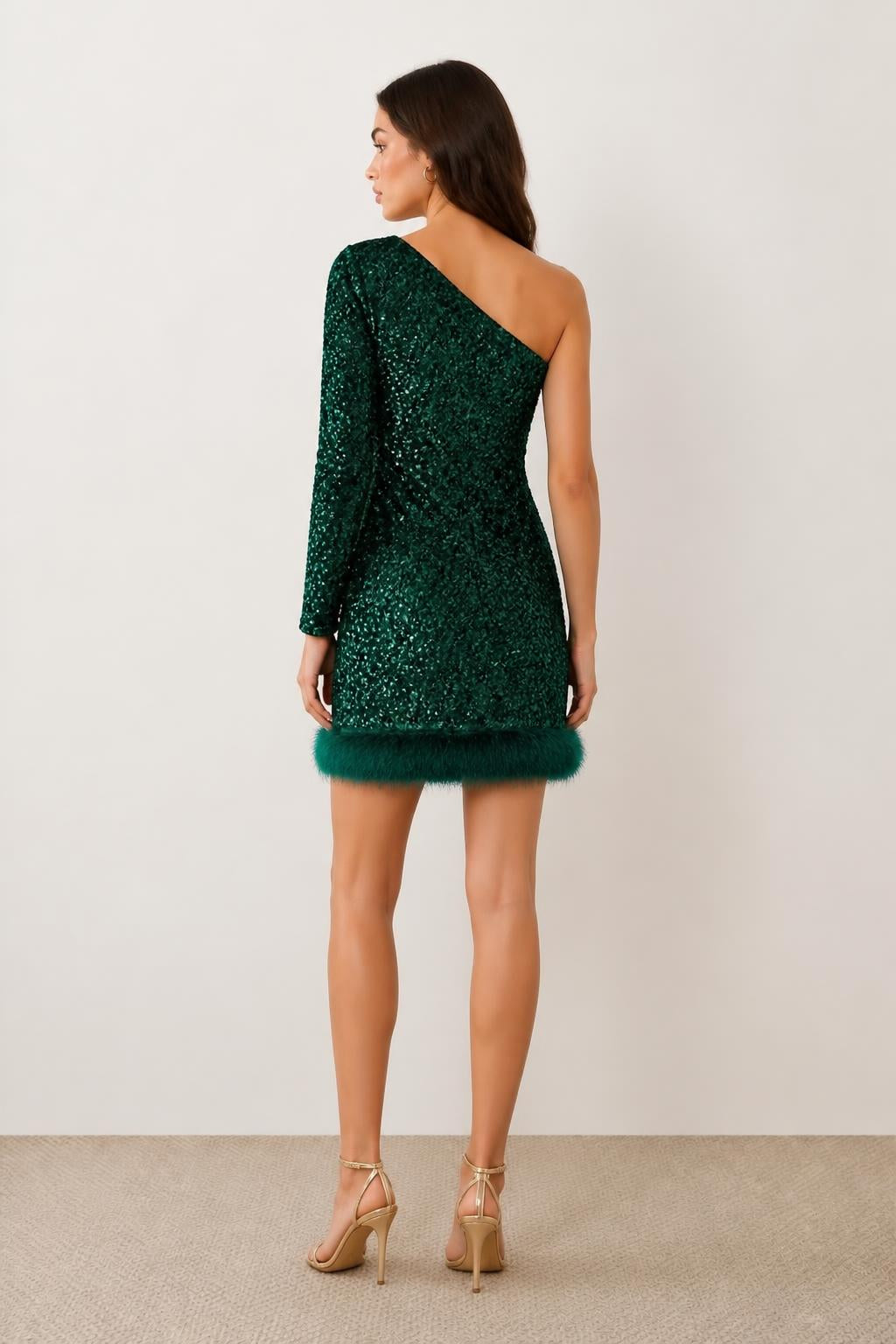Sophia | One Shoulder Dress, Long Sleeve Sequin with Fringe Hem - back view
