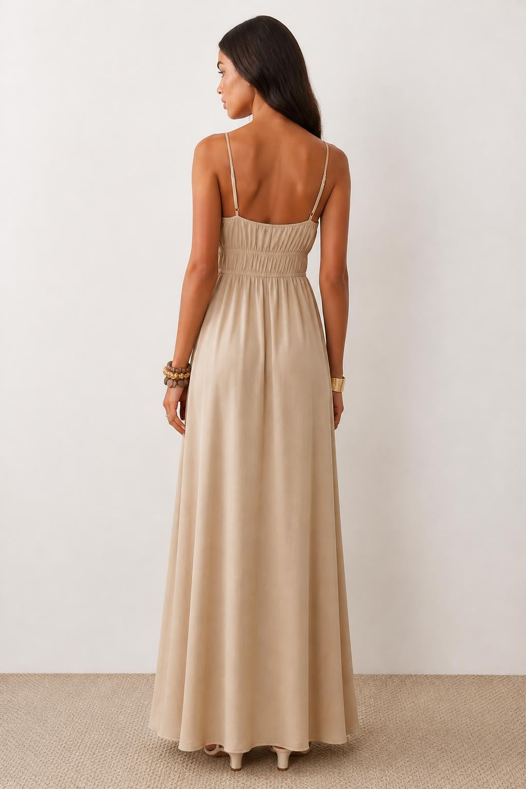 Evelyn | Pearl Dress, V-Neck Embroidered Sleeveless with Cinched Waist - back view