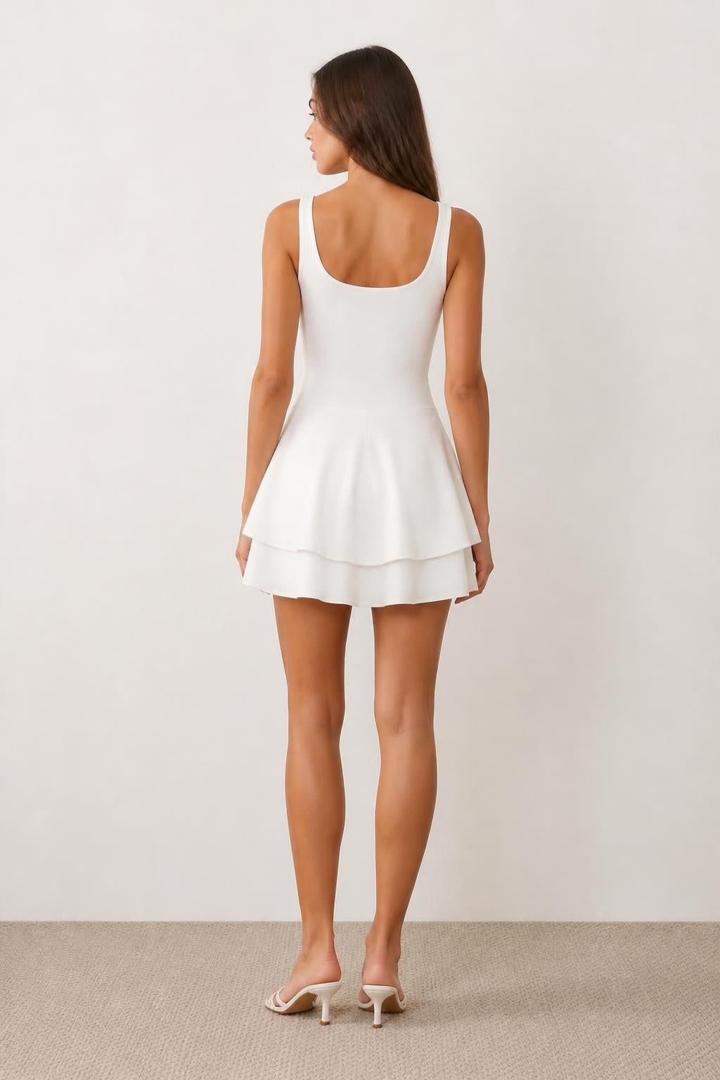 Eliana | Square Neck Dress, White Double-Layer A-Line - back view