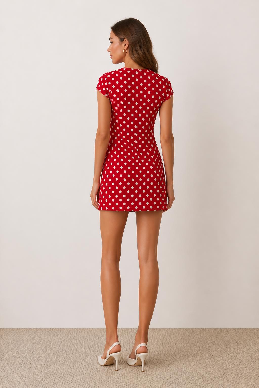 Amelia | Red Polka Dot Dress, Mini Length for Spring - back view