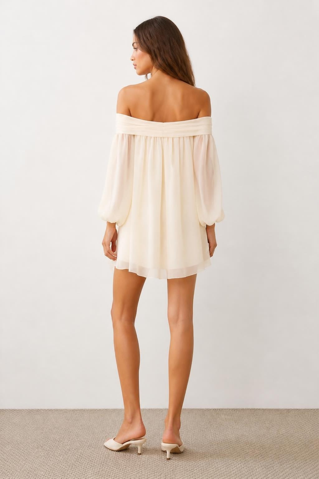 Mia | Mini Dress Off Shoulder, Fitted Chiffon with Flowing Sleeves - back view