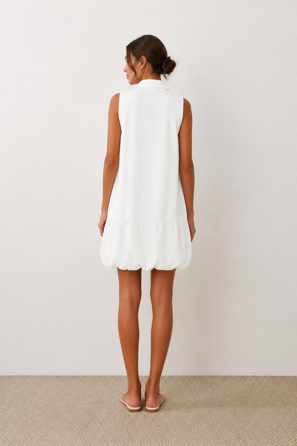 Isabella | White Shirt Dress, Sleeveless Button Front with Lapel Collar - back view