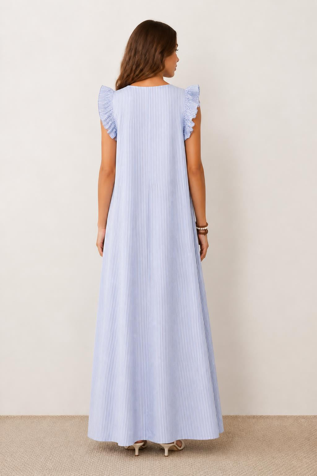Evelyn | Ruffle Dress, Relaxed Striped A-Line with Ruffle Sleeves - back view