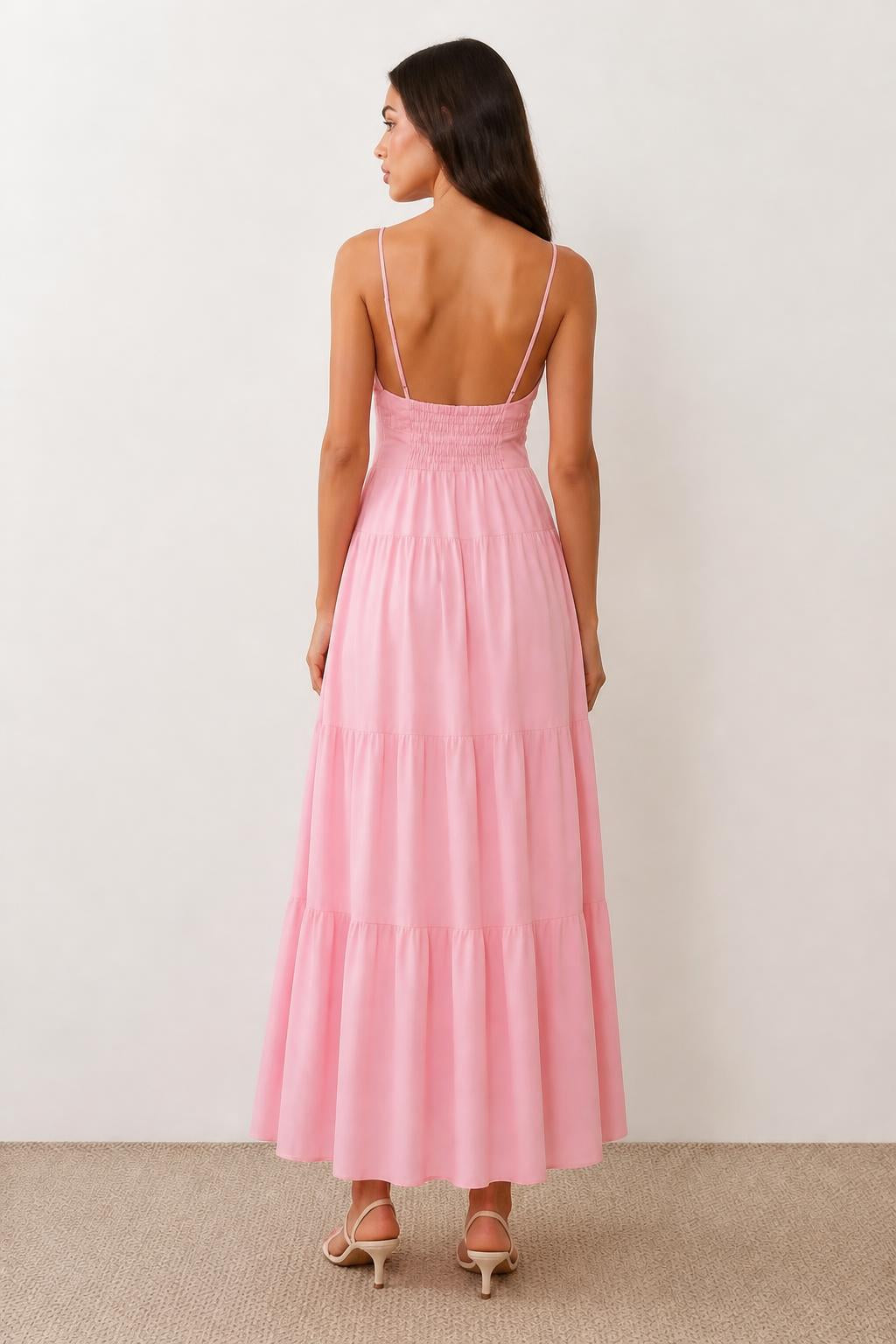 Sofia | Cami Dress, Solid Tie-Strap Layered A-Line - back view
