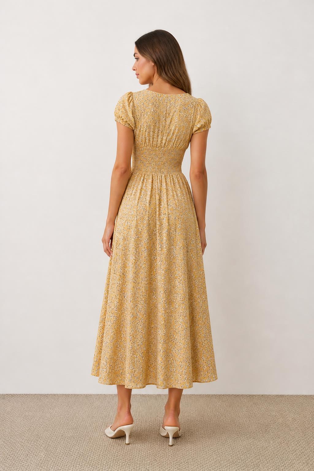 Eliana | Floral Midi Dress, Bohemian V-Neck with Pleated Ruffle Hem - back view