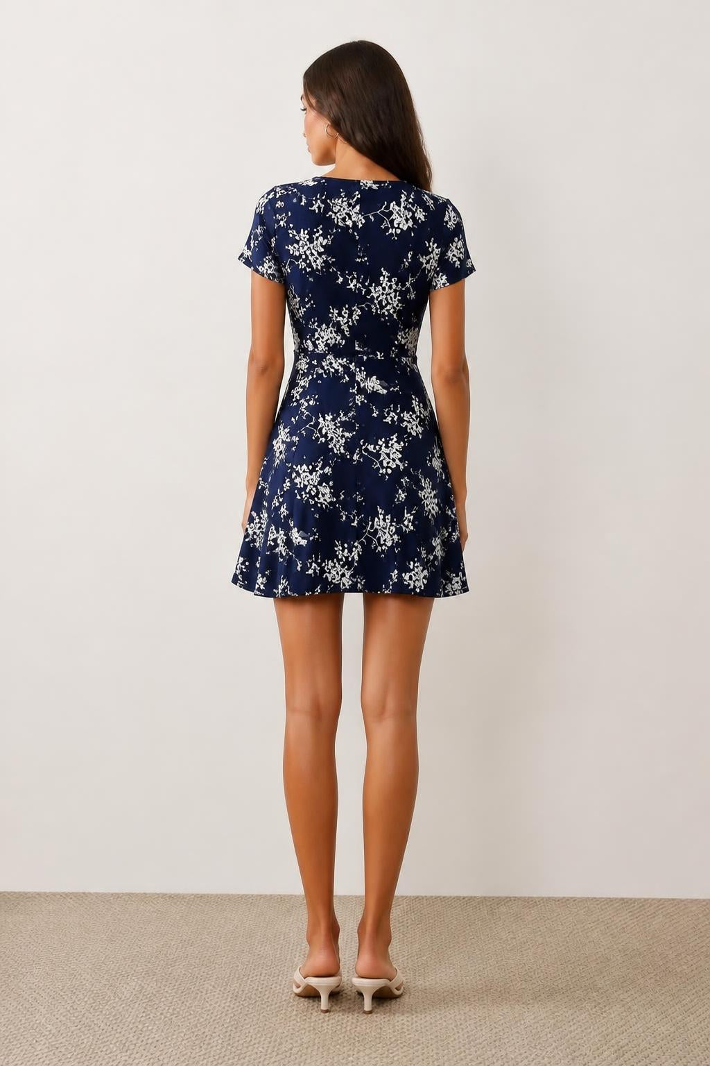 Olivia | Floral Print Dress, V-Neck Flared with White Florals - back view