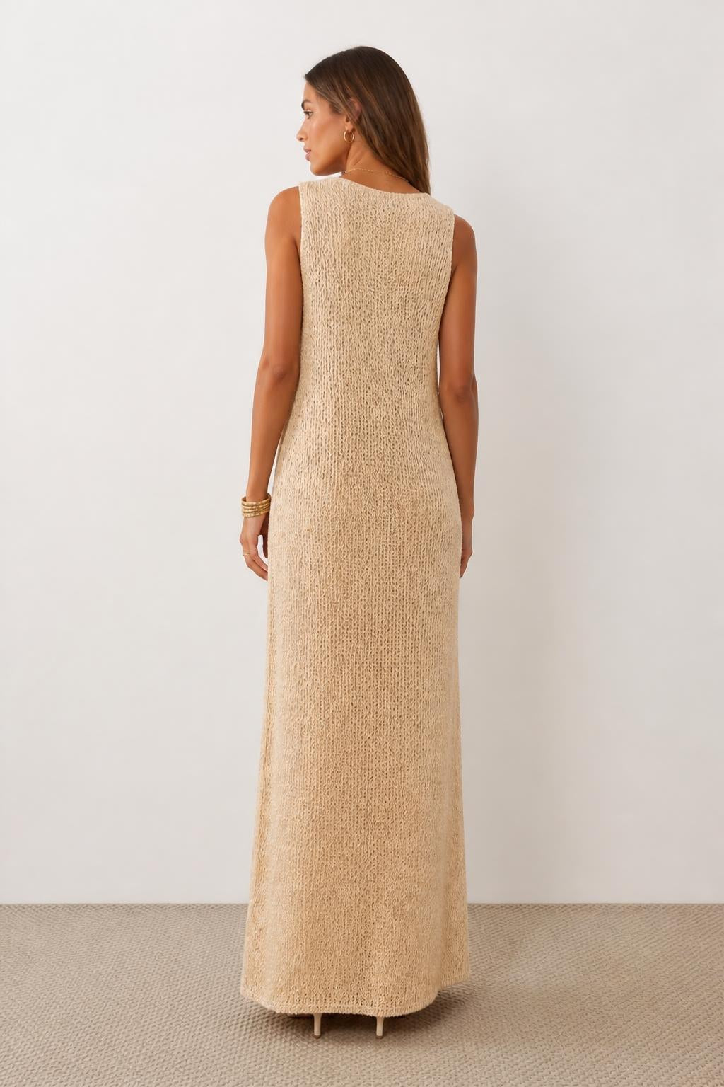 Emma | Beach Cover Up Dress, Long V-Neck Sleeveless with Cut-Outs - back view
