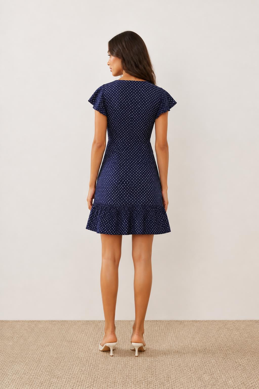 Amelia | Navy Blue Dress, Elegant Polka Dot with Ruffle Sleeves and Belt - back view