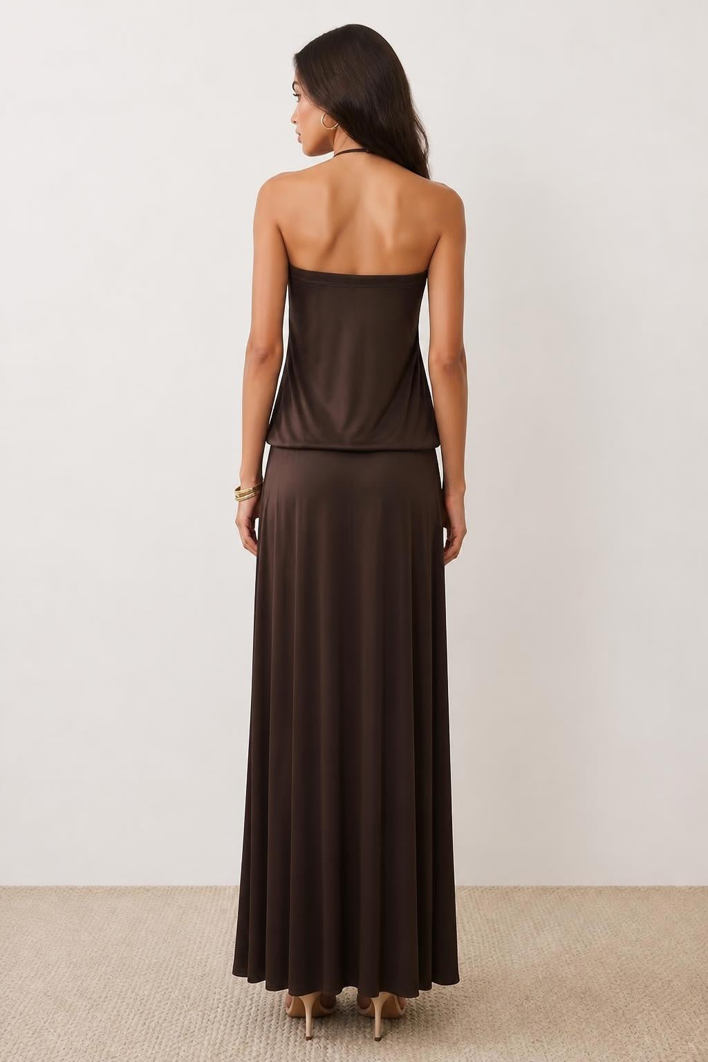 Mia | Brown Mini Dress, Bohemian Bodycon in Coffee Brown - back view