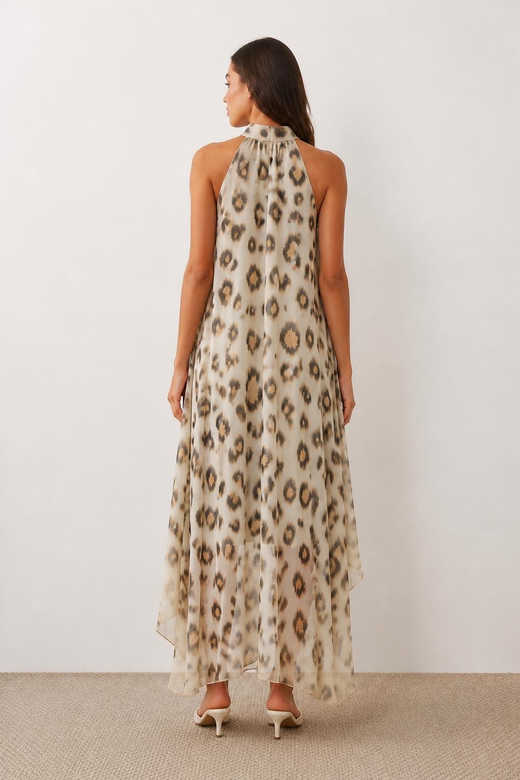 Evelyn | Leopard Print Dress, Chiffon Round Neck Sleeveless Asymmetric - back view