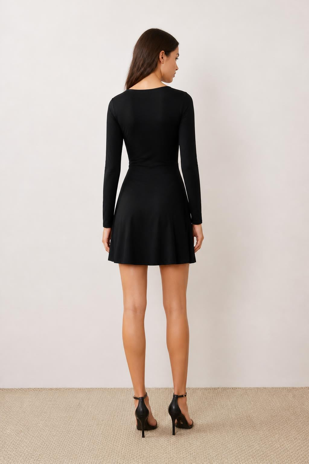 Amelia | Long Sleeve Short Black Dress, Deep V A-Line Mini - back view