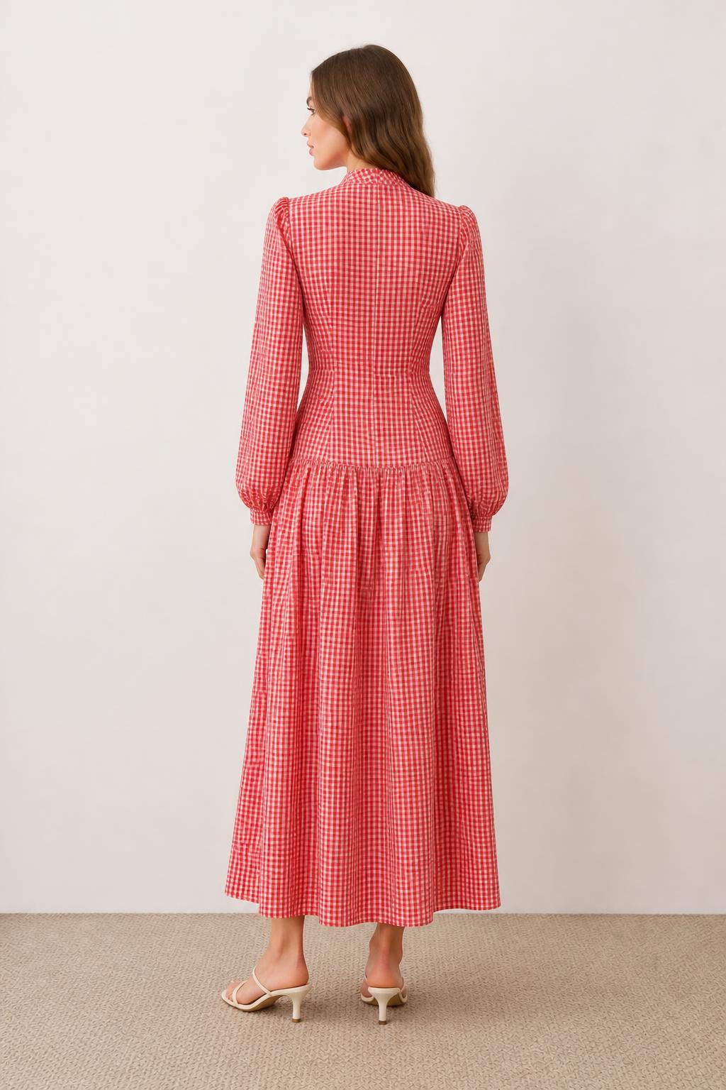 Mia | Plaid Mini Dress, Autumn Tie-Front with Petal Sleeves - back view