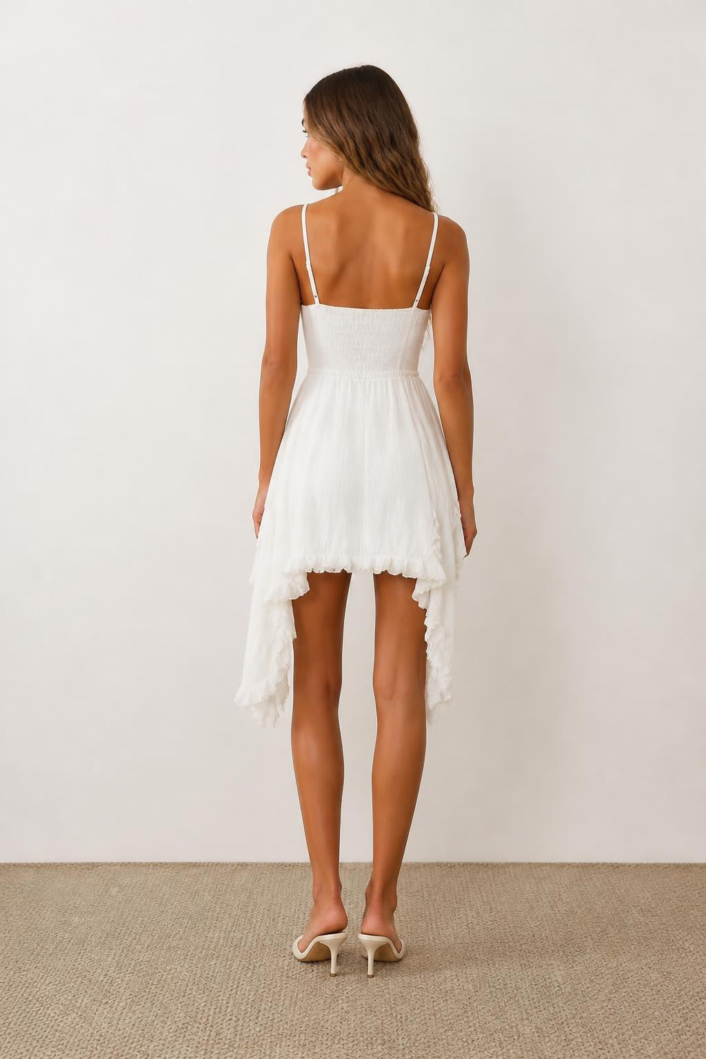 Isabella | White Boho Dress, Asymmetric Ruffle-Hem Spaghetti Strap Mini - back view