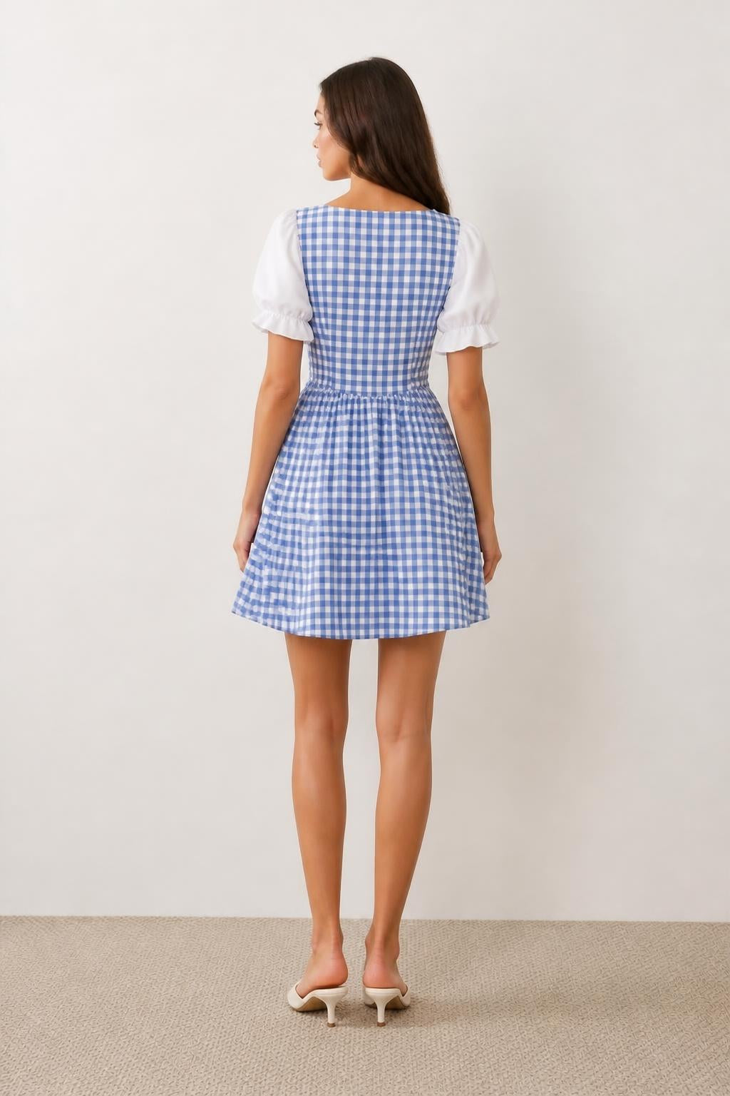 Emma | Babydoll Dress, Retro Checkered Patchwork with Puff Sleeves - back view
