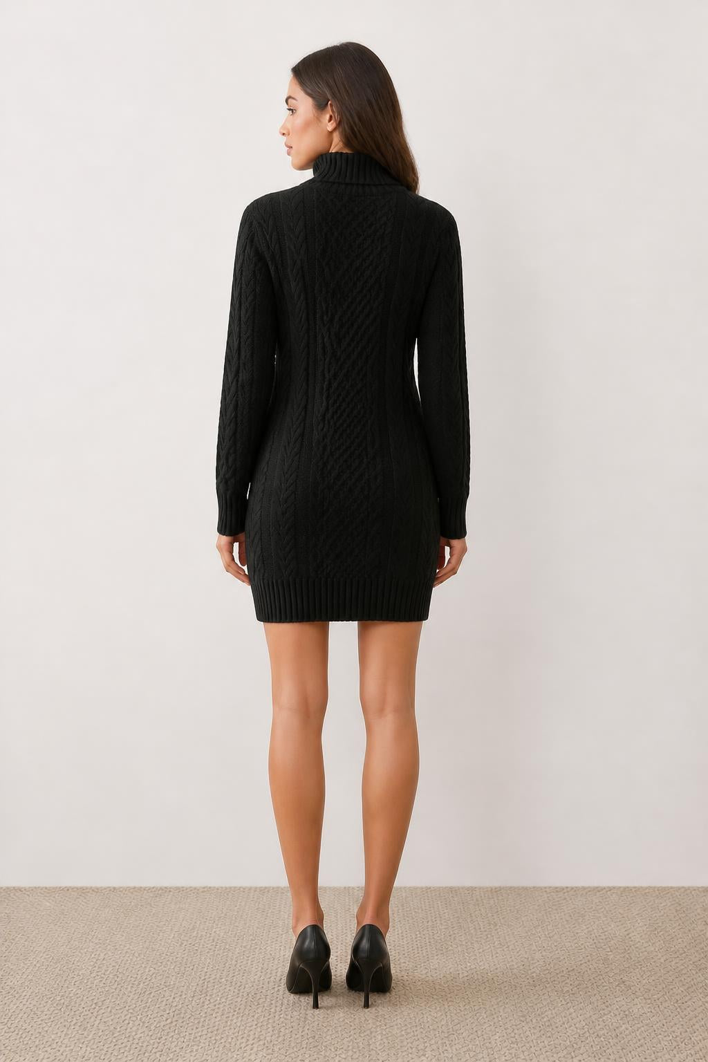 Mia | Turtleneck Sweater Dress, Cable Knit High Neck with Long Sleeves - back view