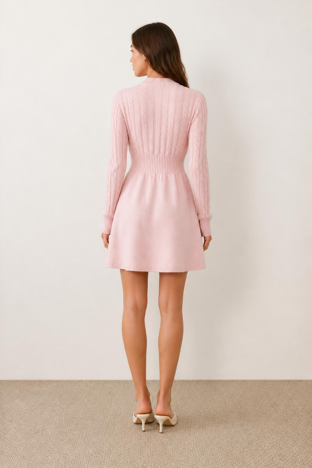 Isabella | Pink Sweater Dress, High-Collar A-Line Mini - back view