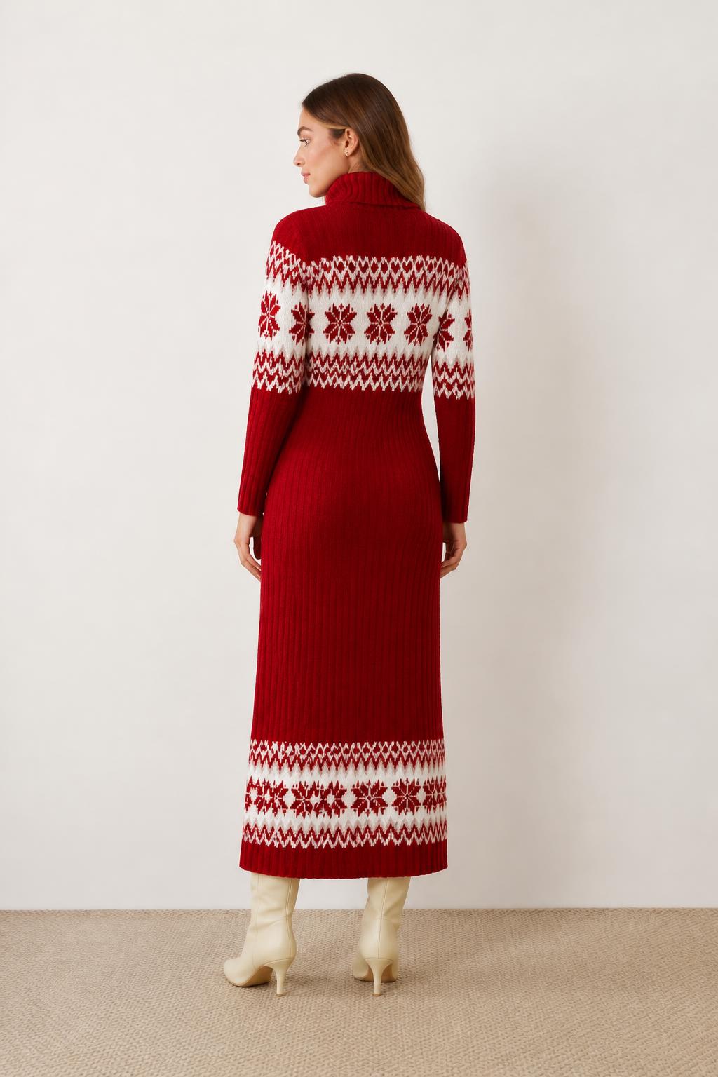 Eliana | Red Sweater Dress, High-Neck Colorblock Knit - back view