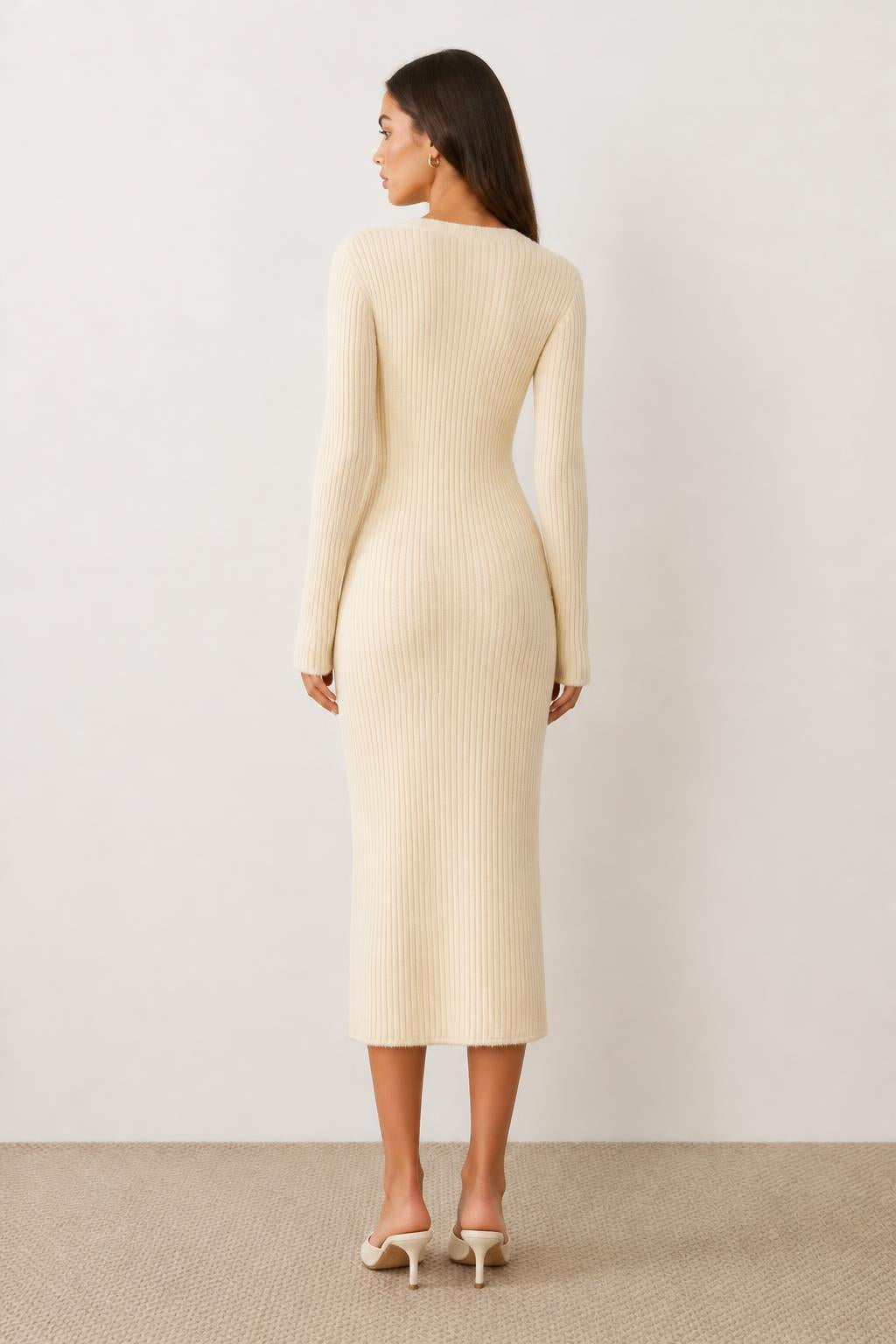 Olivia | Knit Midi Dress, Long-Sleeve Slim Fit for Fall and Winter - back view