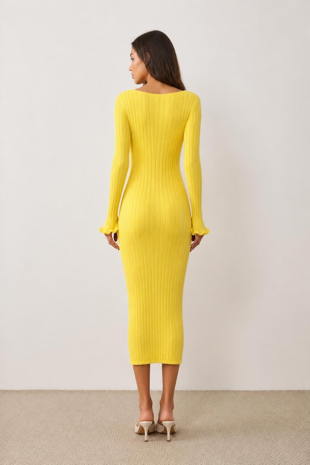 Amelia | Sweater Dress, Ribbed Bodycon with Lettuce Trim and Square Neck - back view