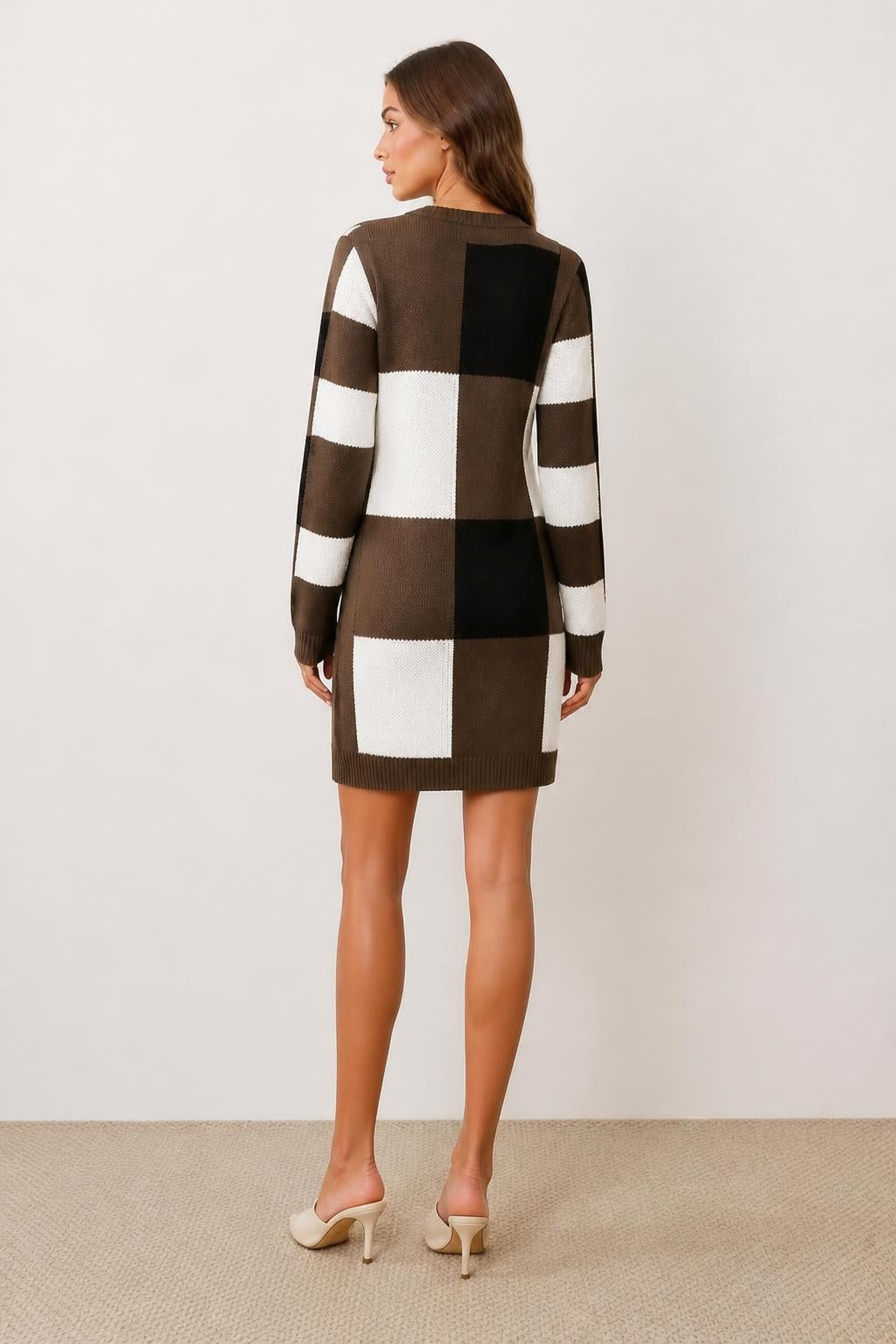 Mia | Gingham Dress, Elegant Knee-Length V-Neck Knit - back view