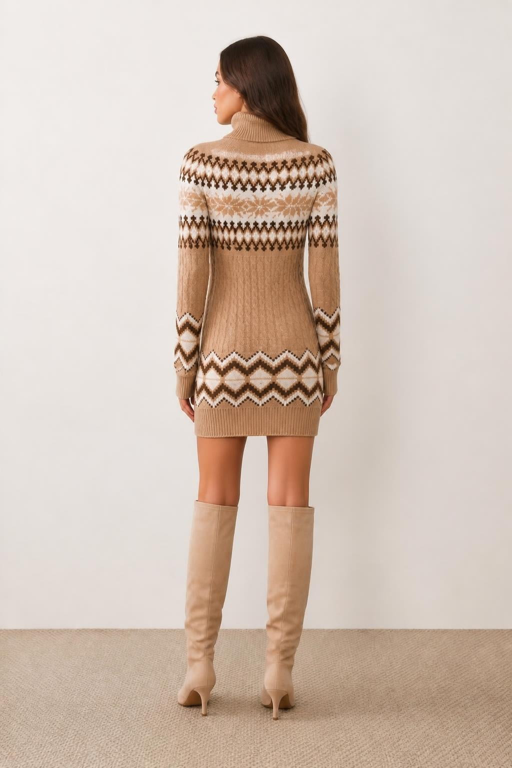 Sophia | Turtleneck Sweater Dress, Elegant Fair Isle Jacquard Knit - back view