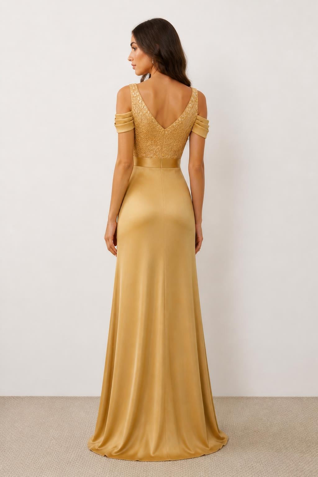 Emma | Sparkly Formal Dresses, V-Neck Off-Shoulder Sequin Evening Gown - back view